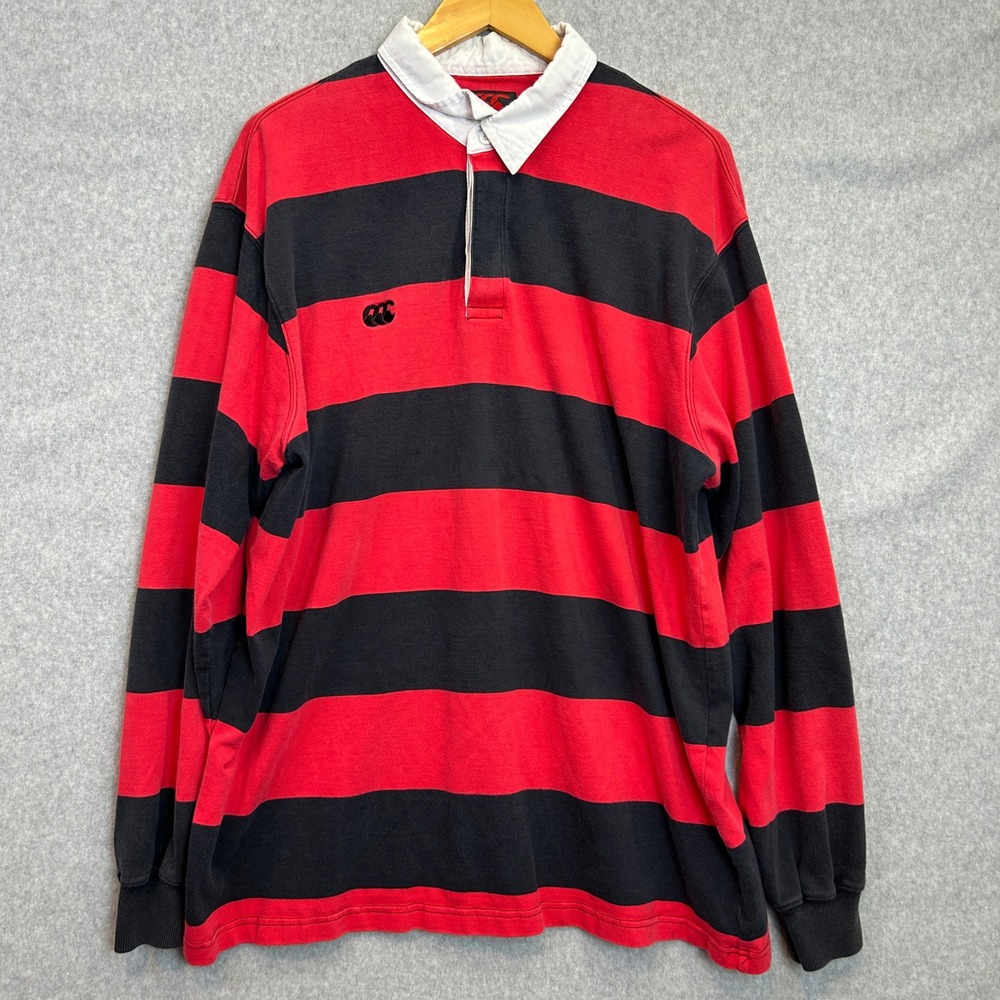 Canterbury‎ Rugby Polo Shirt Red Black Striped Long Sleeve Australia Mens XL